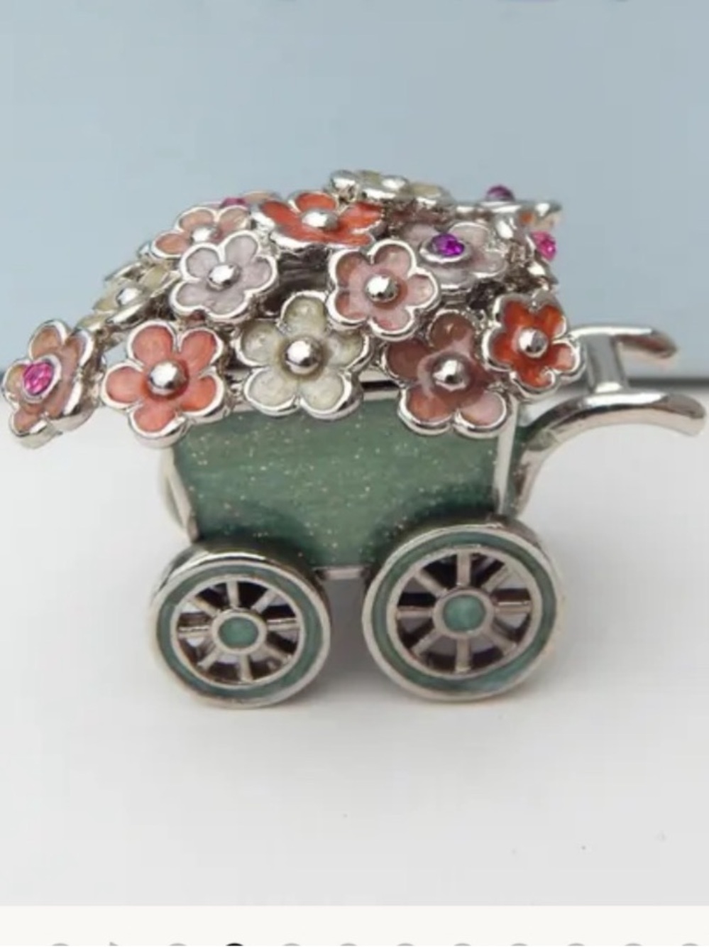 Monet | Trinket Box | Monet Silver Floral Cart Brooch with Green & Pink Enamel - Picture 2 of 10